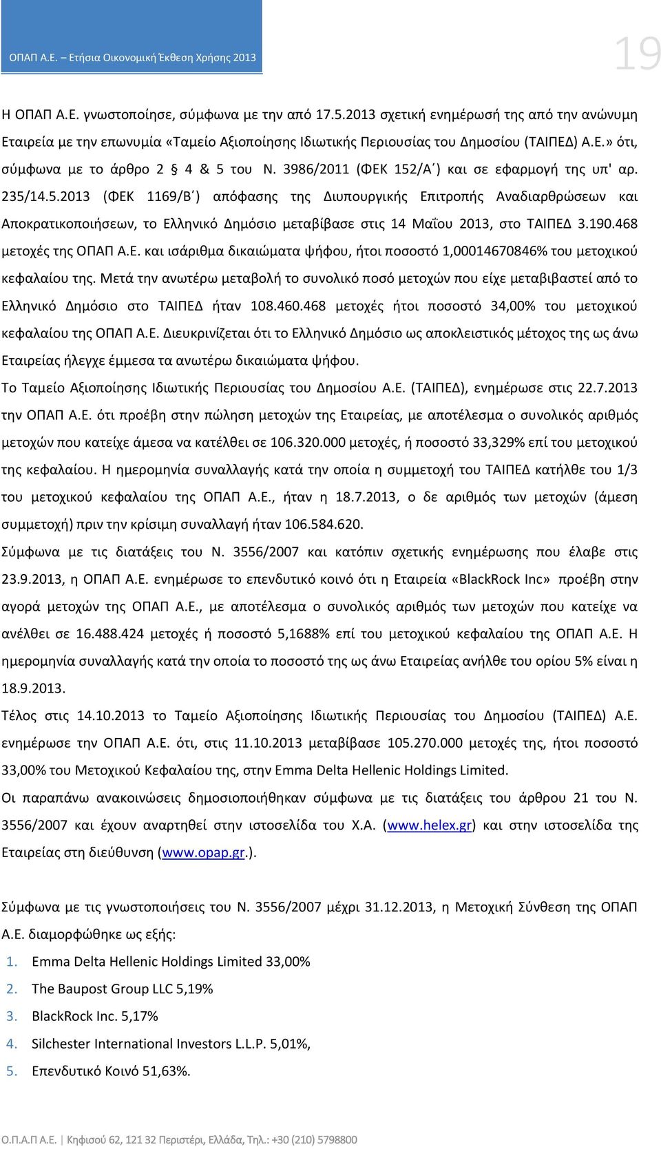 190.468 μετοχές της ΟΠΑΠ Α.Ε. και ισάριθμα δικαιώματα ψήφου, ήτοι ποσοστό 1,00014670846% του μετοχικού κεφαλαίου της.