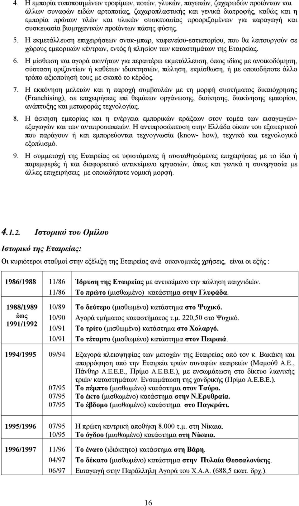 Η εκµετάλλευση επιχειρήσεων σνακ-µπαρ, καφενείου-εστιατορίου, που θα λειτουργούν σε χώρους εµπορικών κέντρων, εντός ή πλησίον των καταστηµάτων της Εταιρείας. 6.