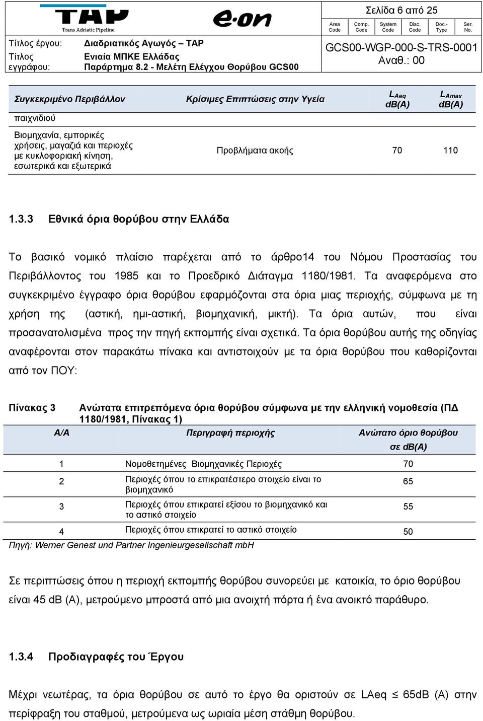 Προβλήματα ακοής 70 110 1.3.3 Εθνικά όρια θορύβου στην Ελλάδα Το βασικό νομικό πλαίσιο παρέχεται από το άρθρο14 του Νόμου Προστασίας του Περιβάλλοντος του 1985 και το Προεδρικό Διάταγμα 1180/1981.