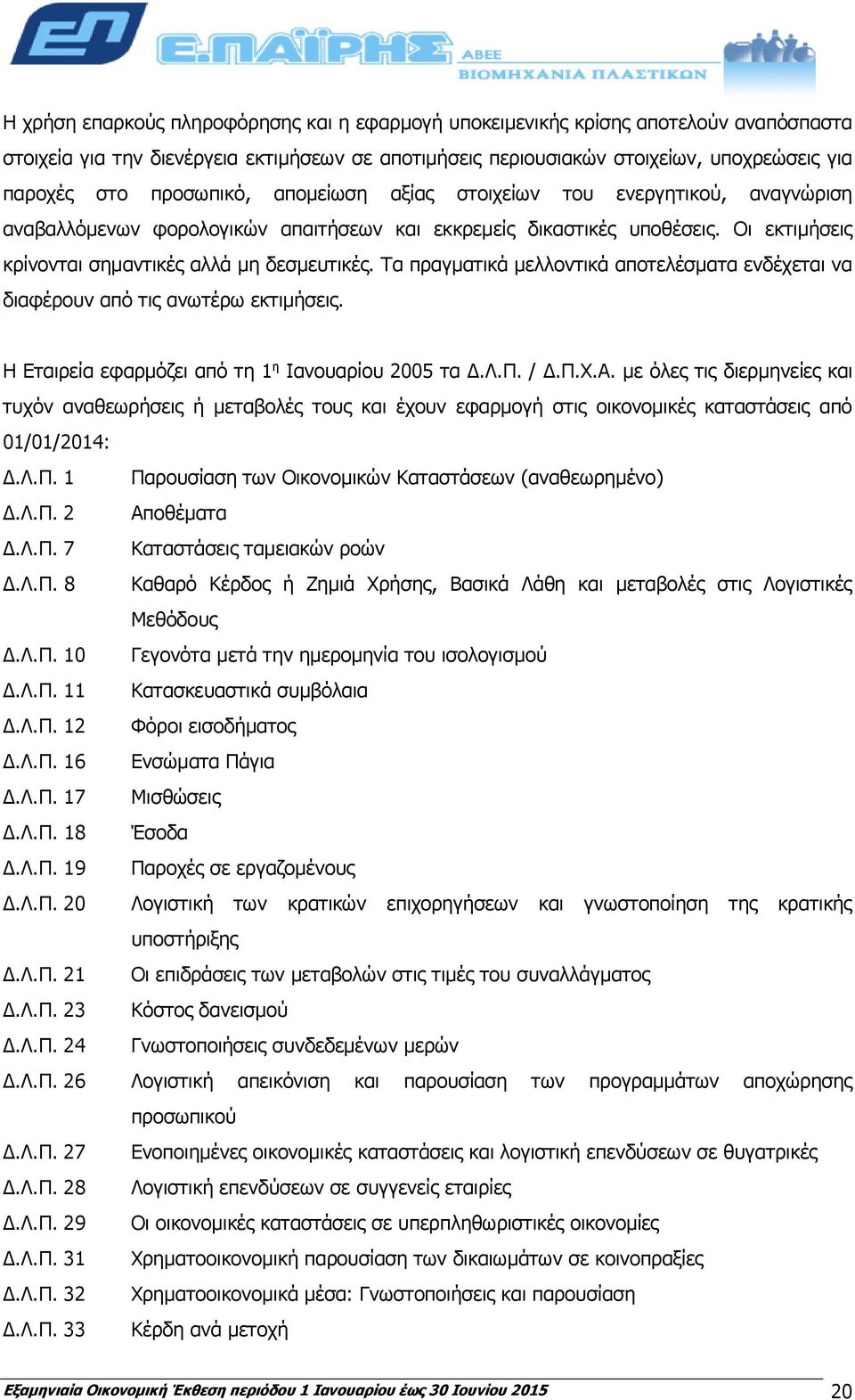 Τα πραγματικά μελλοντικά αποτελέσματα ενδέχεται να διαφέρουν από τις ανωτέρω εκτιμήσεις. Η Εταιρεία εφαρμόζει από τη 1 η Ιανουαρίου 2005 τα Δ.Λ.Π. / Δ.Π.Χ.A.