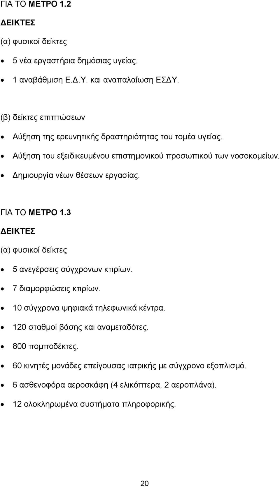 Δημιουργία νέων θέσεων εργασίας. ΓΙΑ ΤΟ ΜΕΤΡΟ 1.3 ΔΕΙΚΤΕΣ (α) φυσικοί δείκτες 5 ανεγέρσεις σύγχρονων κτιρίων. 7 διαμορφώσεις κτιρίων.