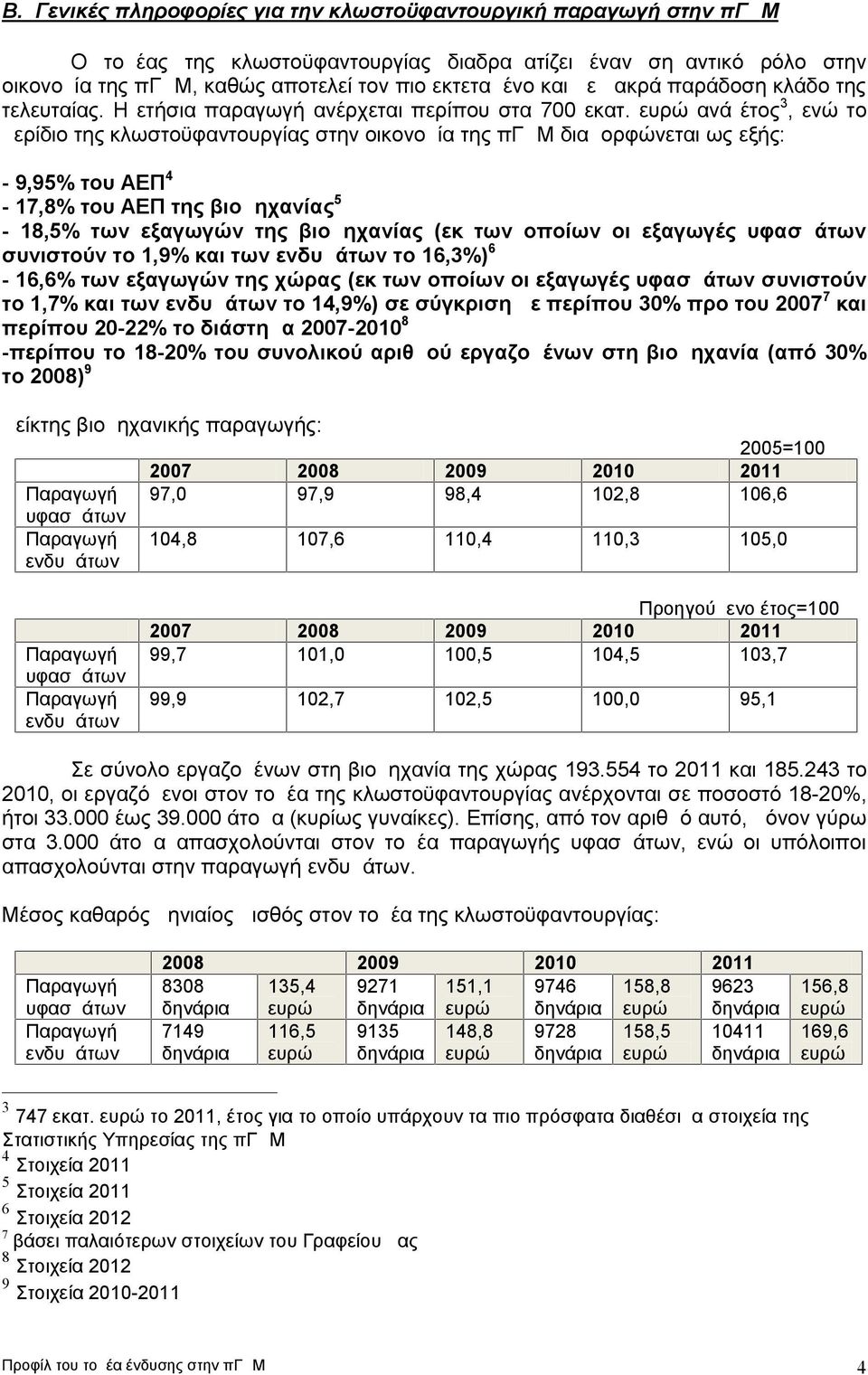 ευρώ ανά έτος 3, ενώ το μερίδιο της κλωστοϋφαντουργίας στην οικονομία της πγδμ διαμορφώνεται ως εξής: - 9,95% του ΑΕΠ 4-17,8% του ΑΕΠ της βιομηχανίας 5-18,5% των εξαγωγών της βιομηχανίας (εκ των