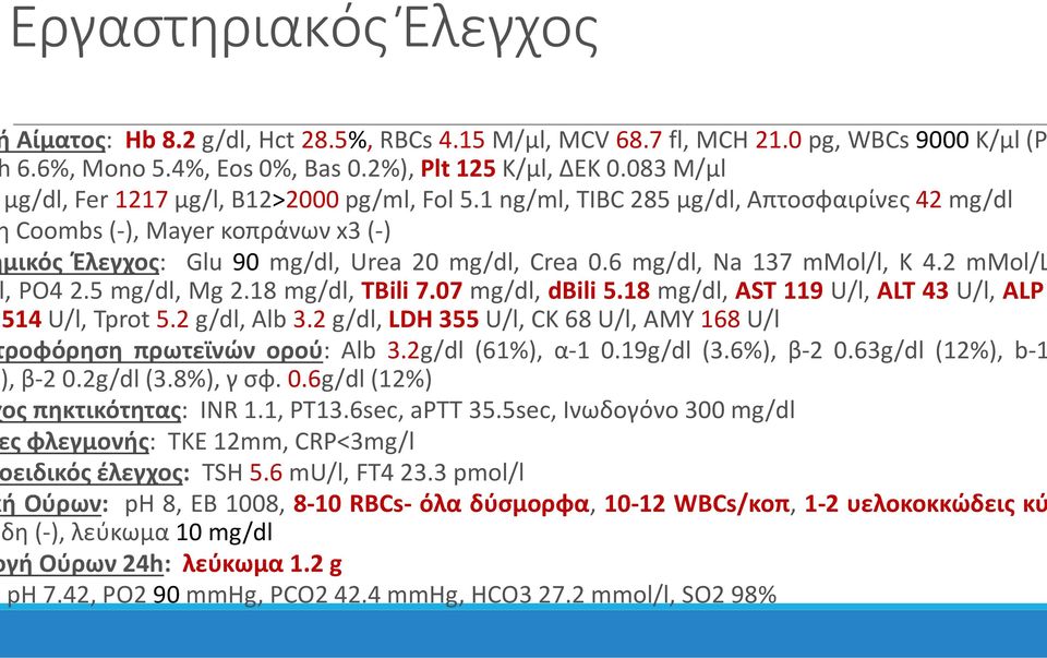 6 mg/dl, Na 137 mmol/l, K 4.2 mmol/l, PO4 2.5 mg/dl,mg 2.18 mg/dl,tbili7.07 mg/dl dl, dbili5.18 mg/dl, AST 119 U/l, ALT 43 U/l, ALP 514U/l,Tprot5.2g/dl,Alb3.