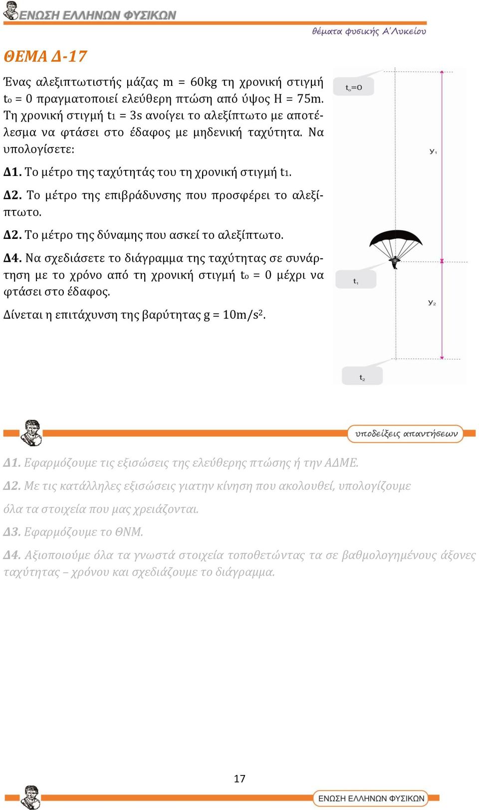 Το μέτρο της επιβράδυνσης που προσφέρει το αλεξίπτωτο. Δ2. Το μέτρο της δύναμης που ασκεί το αλεξίπτωτο. Δ4.