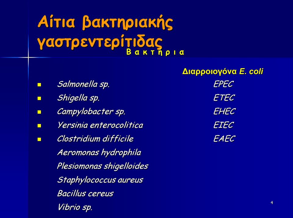 EHEC Yersinia enterocolitica EIEC Clostridium difficile ΕΑΕC Aeromonas