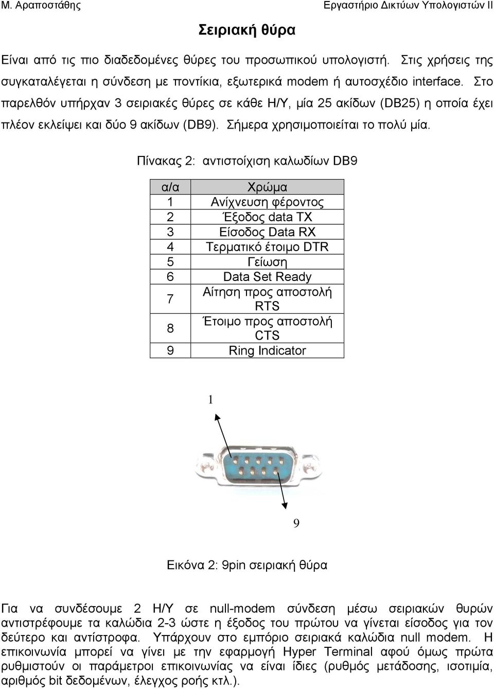 Πίνακας 2: αντιστοίχιση καλωδίων DB9 α/α Χρώμα 1 Ανίχνευση φέροντος 2 Έξοδος data TX 3 Είσοδος Data RX 4 Τερματικό έτοιμο DTR 5 Γείωση 6 Data Set Ready Αίτηση προς αποστολή 7 RTS Έτοιμο προς αποστολή