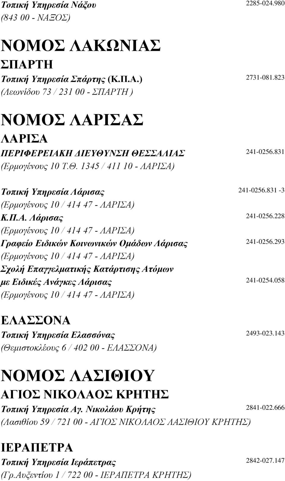 831-3 (Ερµογένους 10 / 414 47 - ΛΑΡΙΣΑ) Κ.Π.Α. Λάρισας 241-0256.228 (Ερµογένους 10 / 414 47 - ΛΑΡΙΣΑ) Γραφείο Ειδικών Κοινωνικών Οµάδων Λάρισας 241-0256.