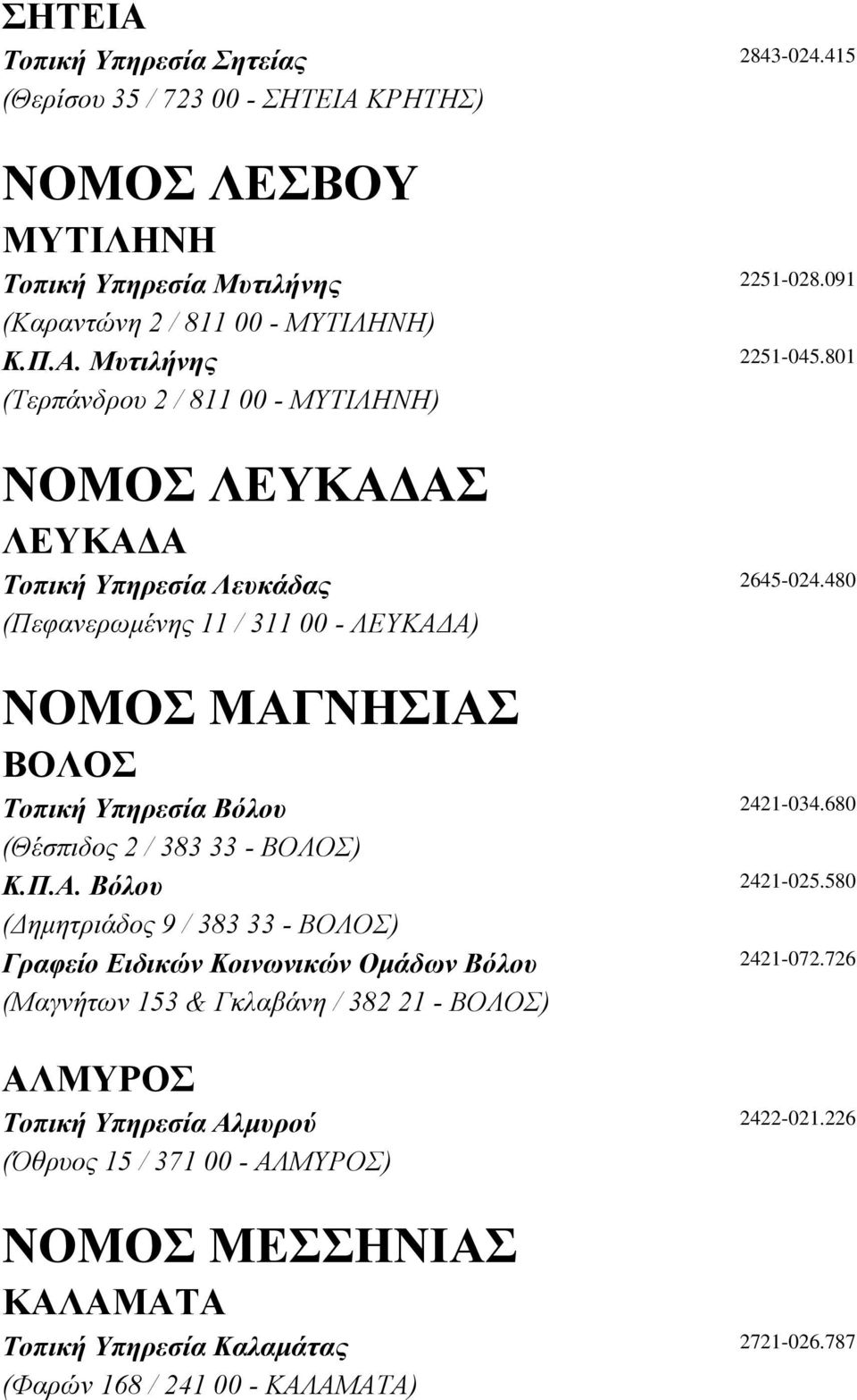 480 (Πεφανερωµένης 11 / 311 00 - ΛΕΥΚΑ Α) ΝΟΜΟΣ ΜΑΓΝΗΣΙΑΣ ΒΟΛΟΣ Τοπική Υπηρεσία Βόλου 2421-034.680 (Θέσπιδος 2 / 383 33 - ΒΟΛΟΣ) Κ.Π.Α. Βόλου 2421-025.