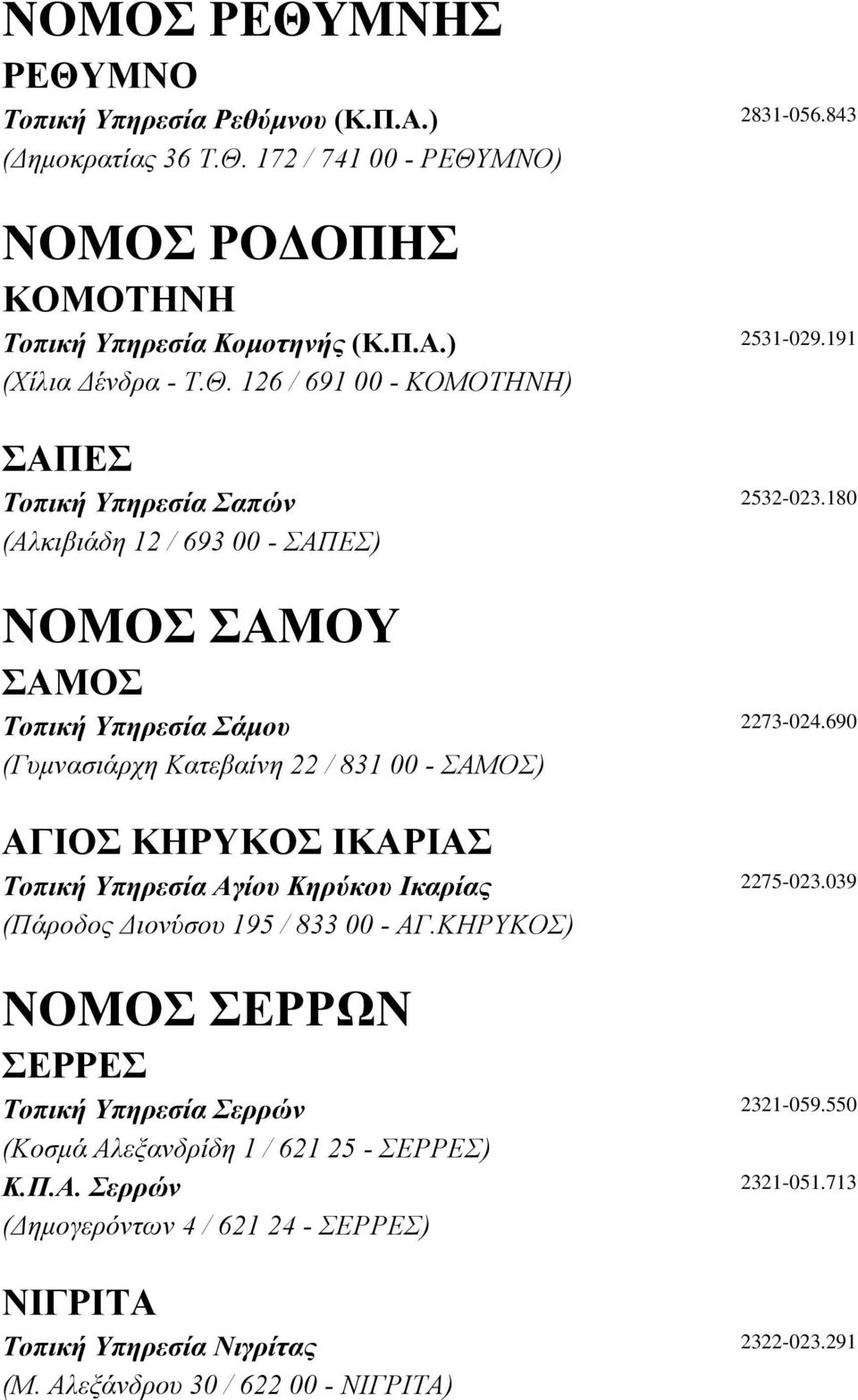 690 (Γυµνασιάρχη Κατεβαίνη 22 / 831 00 - ΣΑΜΟΣ) ΑΓΙΟΣ ΚΗΡΥΚΟΣ ΙΚΑΡΙΑΣ Τοπική Υπηρεσία Αγίου Κηρύκου Ικαρίας 2275-023.039 (Πάροδος ιονύσου 195 / 833 00 - ΑΓ.