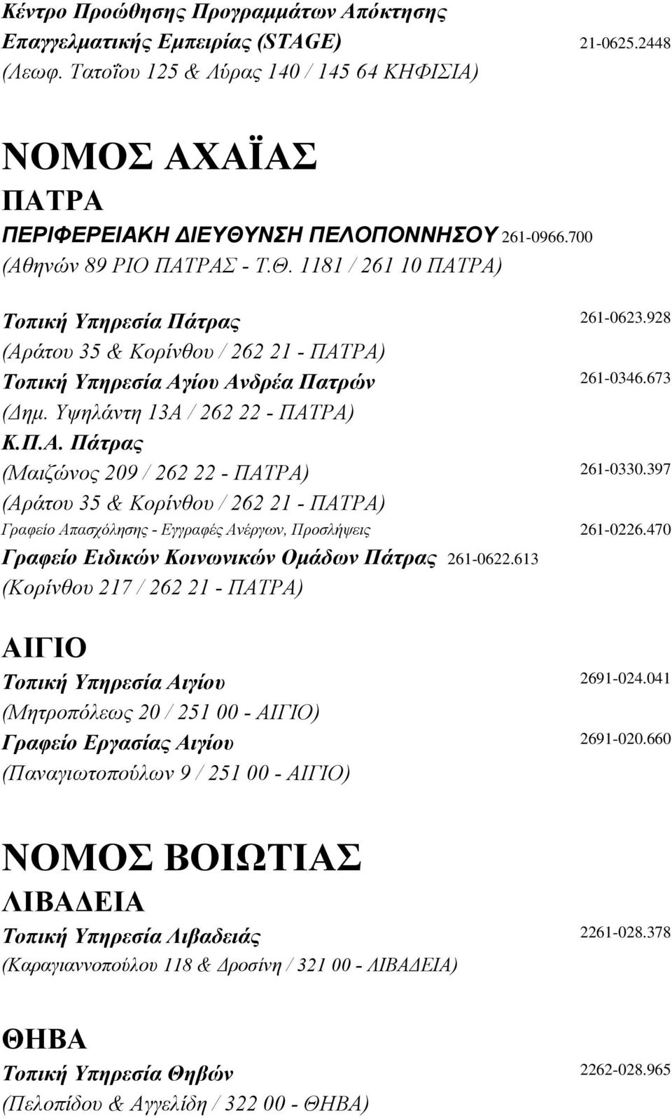 Υψηλάντη 13Α / 262 22 - ΠΑΤΡΑ) Κ.Π.Α. Πάτρας (Μαιζώνος 209 / 262 22 - ΠΑΤΡΑ) 261-0330.397 (Αράτου 35 & Κορίνθου / 262 21 - ΠΑΤΡΑ) Γραφείο Απασχόλησης - Εγγραφές Ανέργων, Προσλήψεις 261-0226.