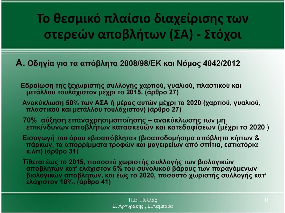 (άρθρο 27) Ανακύκλωση 50% των ΑΣΑ ή μέρος αυτών μέχρι το 2020 (χαρτιού, γυαλιού, πλαστικού και μετάλλου τουλάχιστον) (άρθρο 27) 70% αύξηση επαναχρησιμοποίησης ανακύκλωσης των μη επικίνδυνων αποβλήτων