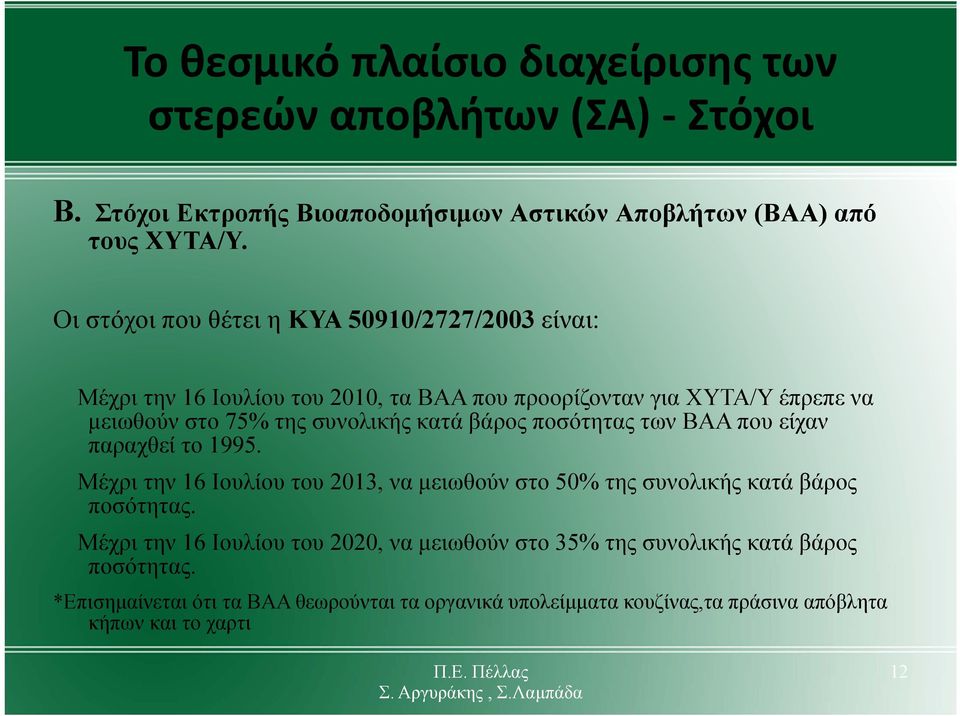 κατά βάρος ποσότητας των ΒΑΑ που είχαν παραχθεί το 1995. Μέχρι την 16 Ιουλίου του 2013, να μειωθούν στο 50% της συνολικής κατά βάρος ποσότητας.