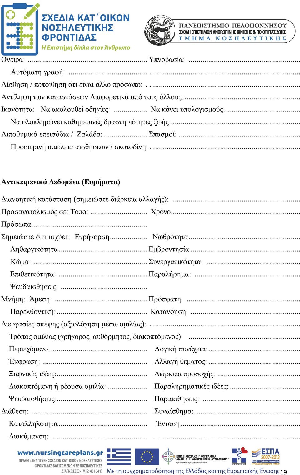 .. Αντικειμενικά Δεδομένα (Ευρήματα) Διανοητική κατάσταση (σημειώστε διάρκεια αλλαγής):... Προσανατολισμός σε: Τόπο:... Χρόνο... Πρόσωπα... Σημειώστε ό,τι ισχύει: Εγρήγορση... Νωθρότητα.