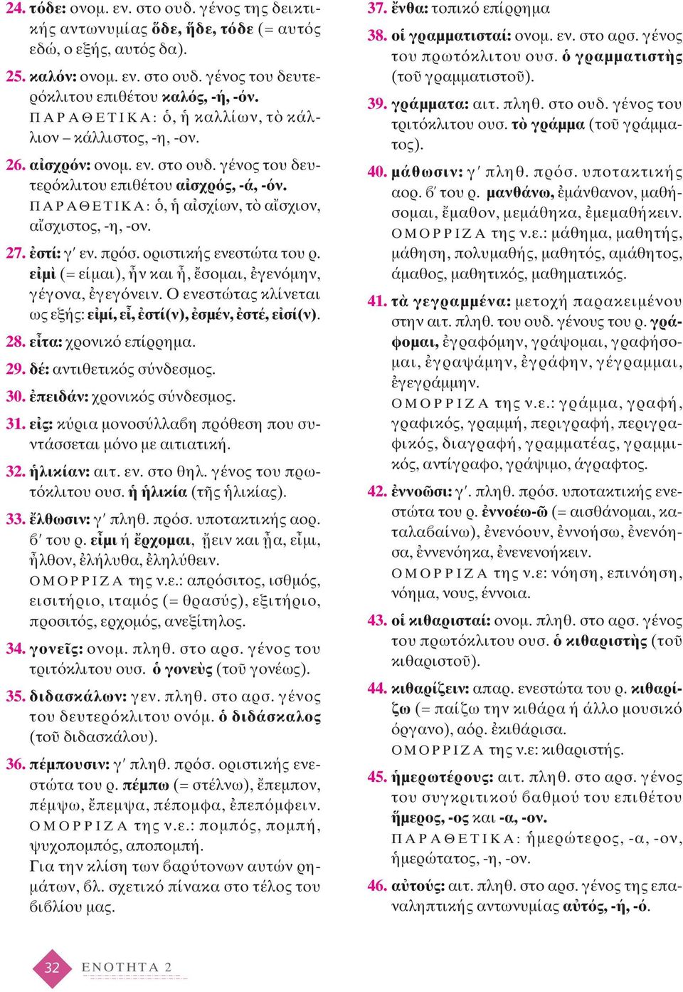 στί: γ εν. πρ σ. οριστικής ενεστώτα του ρ. ε μ (= είμαι), ν και, σομαι, γεν μην, γέγονα, γεγ νειν. O ενεστώτας κλίνεται ως εξής: ε μί, ε, στί(ν), σμέν, στέ, ε σί(ν). 28. ε τα: χρονικ επίρρημα. 29.