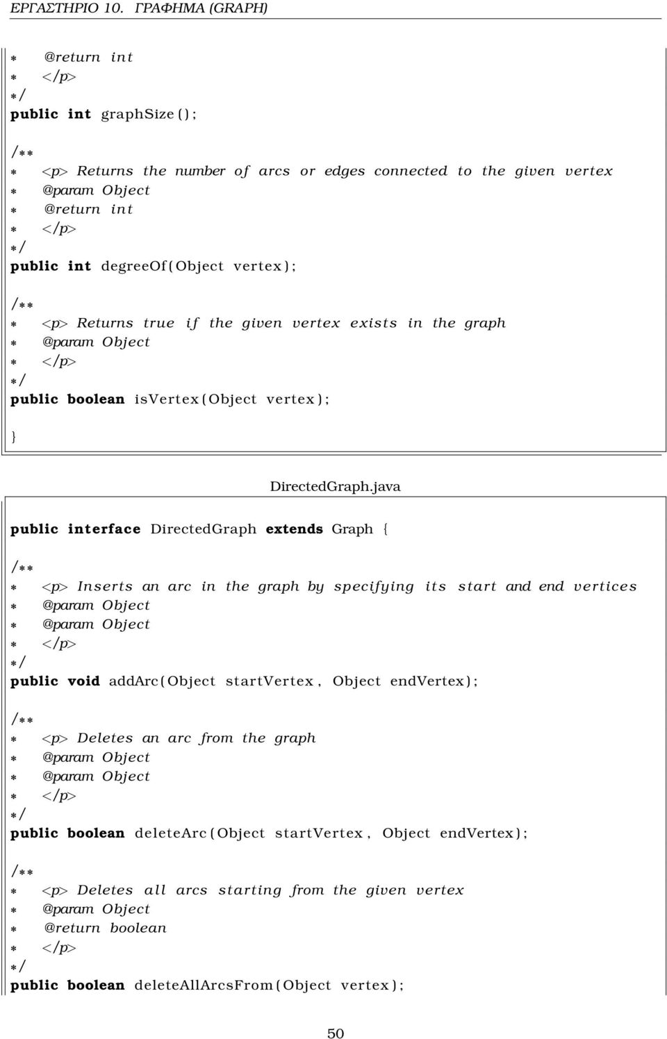 java public interface DirectedGraph extends Graph { <p> Inserts an arc in the graph by specifying i t s start and end vertices public void addarc ( Object startvertex,