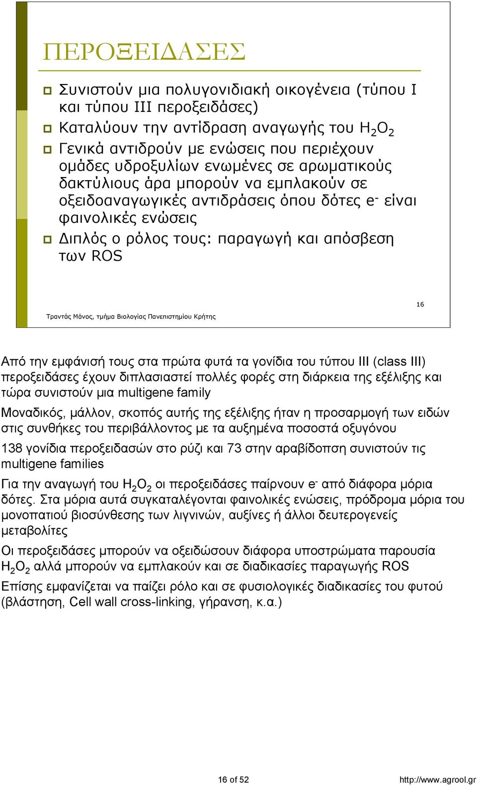 εμφάνισή τους στα πρώτα φυτά τα γονίδια του τύπου ΙΙΙ (class III) περοξειδάσες έχουν διπλασιαστεί πολλές φορές στη διάρκεια της εξέλιξης και τώρα συνιστούν μια multigene family Μοναδικός, μάλλον,