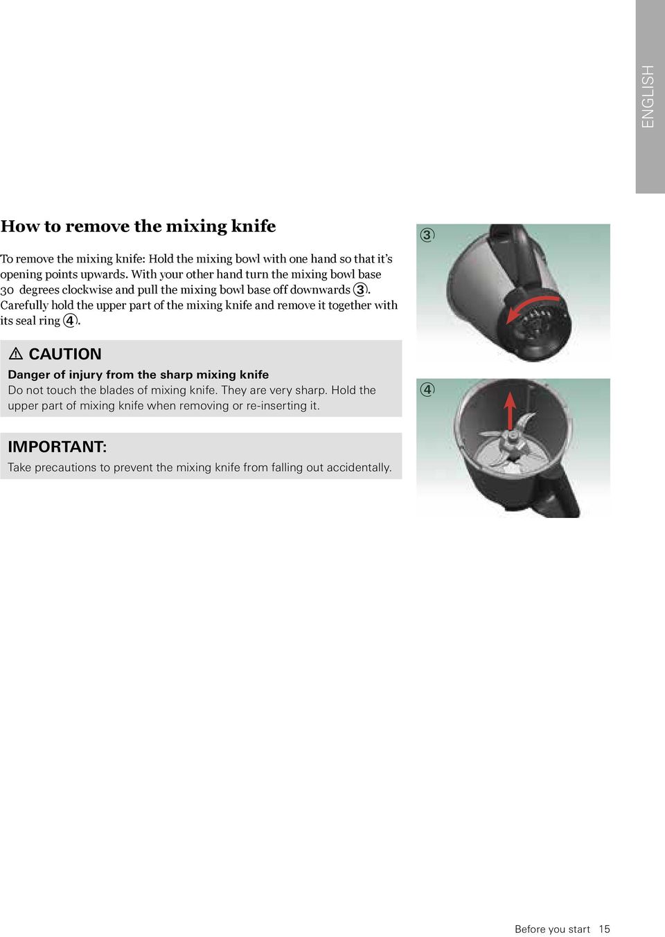 Carefully hold the upper part of the mixing knife and remove it together with its seal ring 4.