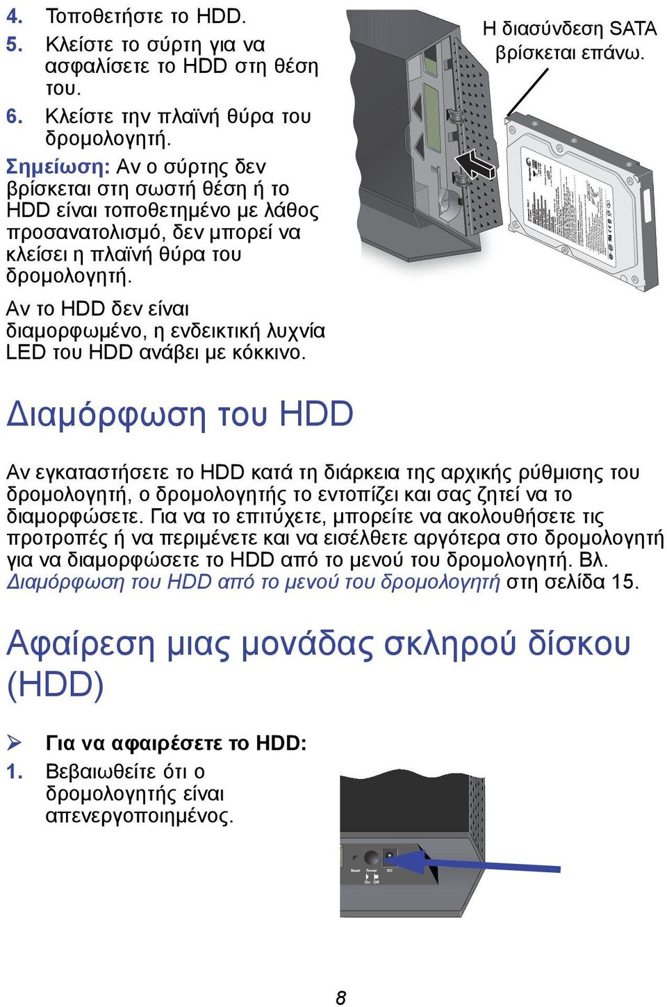 Αν το HDD δεν είναι διαμορφωμένο, η ενδεικτική λυχνία LED του HDD ανάβει με κόκκινο. Η διασύνδεση SATA βρίσκεται επάνω.