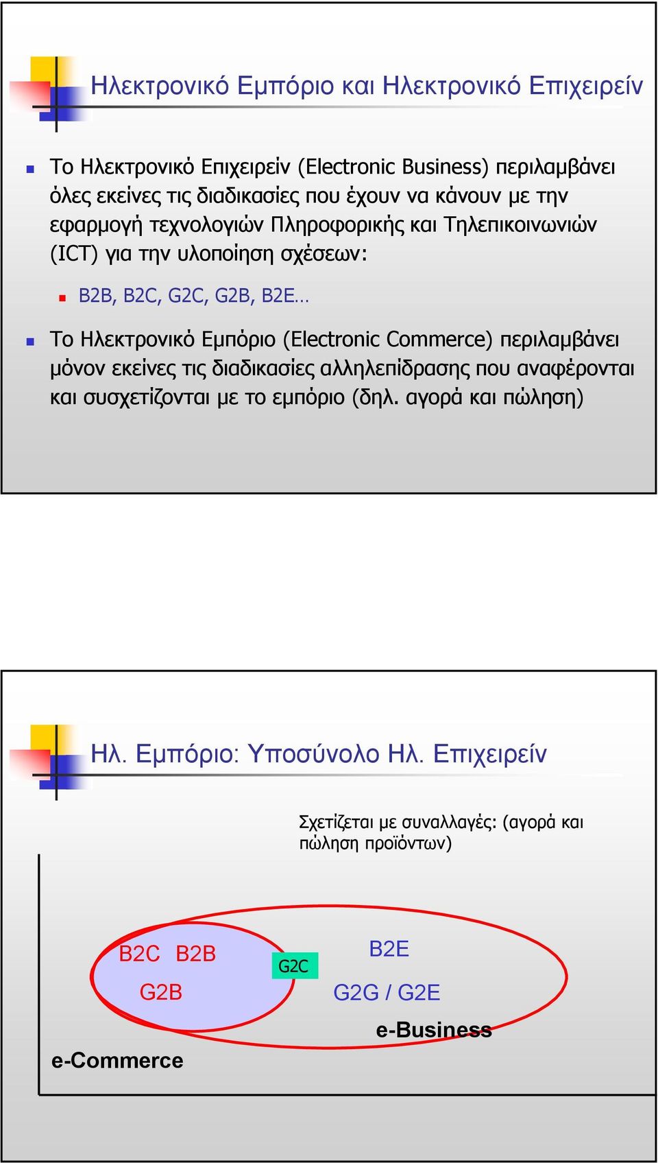 Εµπόριο (Electronic Commerce) περιλαµβάνει µόνον εκείνες τις διαδικασίες αλληλεπίδρασης που αναφέρονται και συσχετίζονται µε το εµπόριο (δηλ.