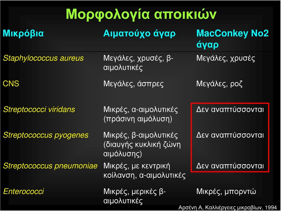 (πράσινη αιμόλυση) Μικρές, β-αιμολυτικές (διαυγής κυκλική ζώνη αιμόλυσης) Μικρές, με κεντρική κοίλανση, α-αιμολυτικές Δεν