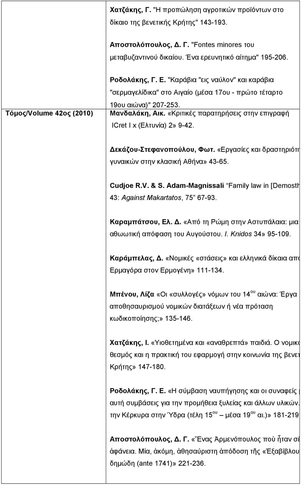 «Κριτικές παρατηρήσεις στην επιγραφή ICret I x (Ελτυνία) 2» 9-42. εκάζου-στεφανοπούλου, Φωτ. «Εργασίες και δραστηριότητες γυναικών στην κλασική Αθήνα» 43-65. Cudjoe R.V. & S.