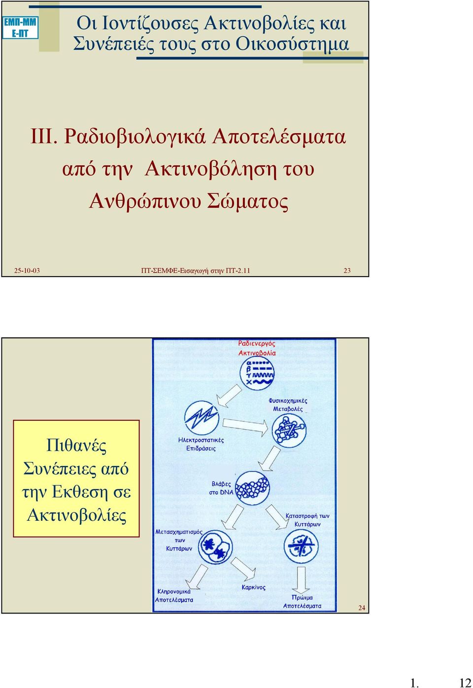 Ραδιοβιολογικά Αποτελέσµατα από την Ακτινοβόληση του