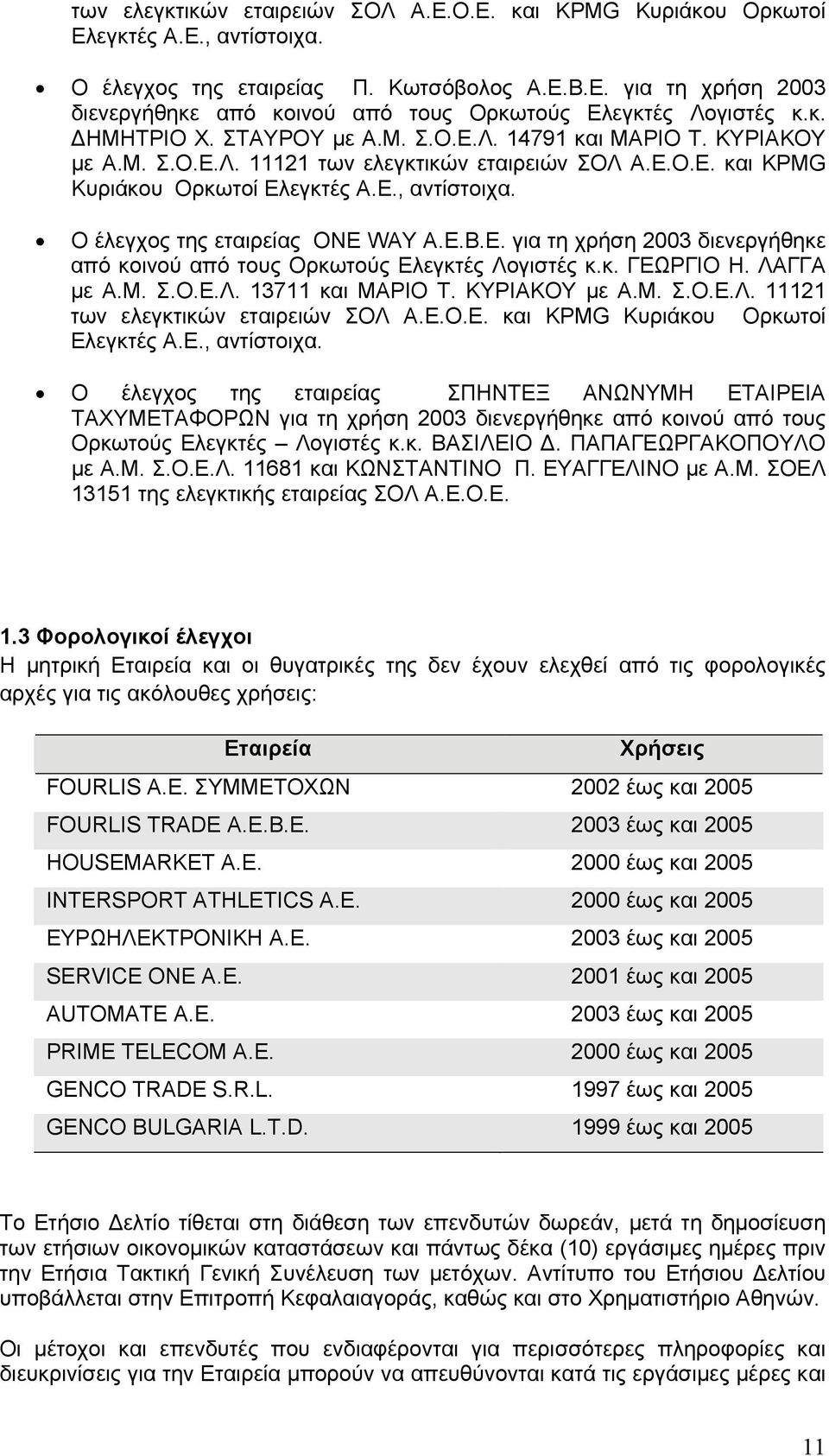 Ο έλεγχος της εταιρείας ONE WAY Α.Ε.Β.Ε. για τη χρήση 2003 διενεργήθηκε από κοινού από τους Ορκωτούς Ελεγκτές Λογιστές κ.κ. ΓΕΩΡΓΙΟ Η. ΛΑΓΓΑ με Α.Μ. Σ.Ο.Ε.Λ. 13711 και ΜΑΡΙΟ Τ. ΚΥΡΙΑΚΟΥ με Α.Μ. Σ.Ο.Ε.Λ. 11121 των ελεγκτικών εταιρειών ΣΟΛ Α.