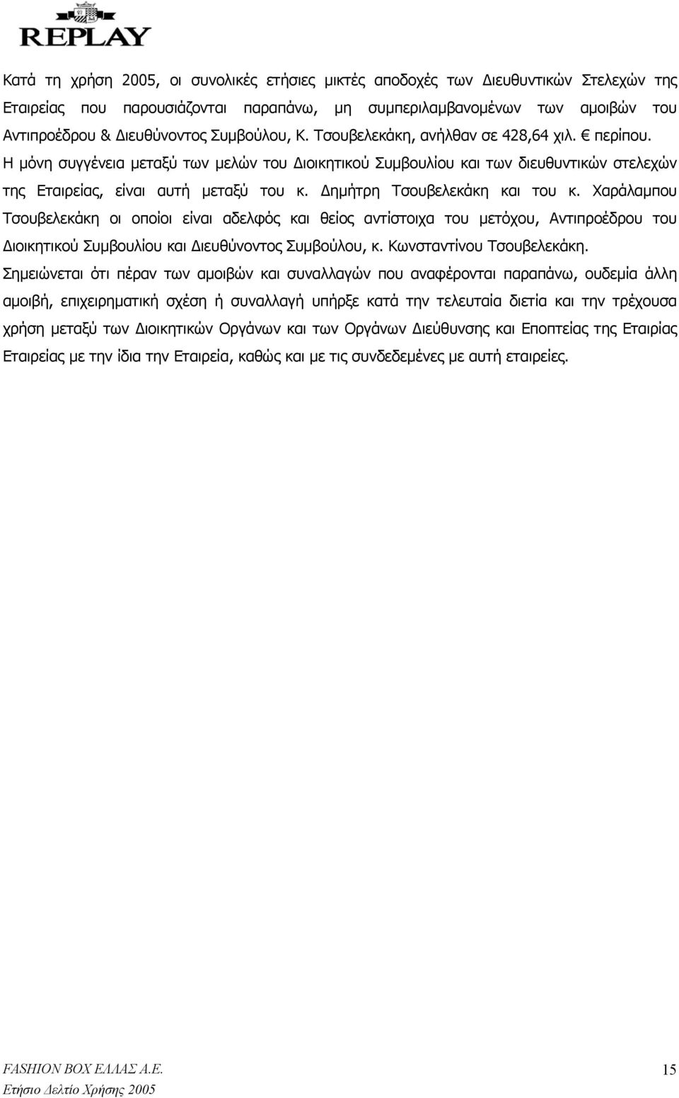 ηµήτρη Τσουβελεκάκη και του κ. Χαράλαµπου Τσουβελεκάκη οι οποίοι είναι αδελφός και θείος αντίστοιχα του µετόχου, Αντιπροέδρου του ιοικητικού Συµβουλίου και ιευθύνοντος Συµβούλου, κ.