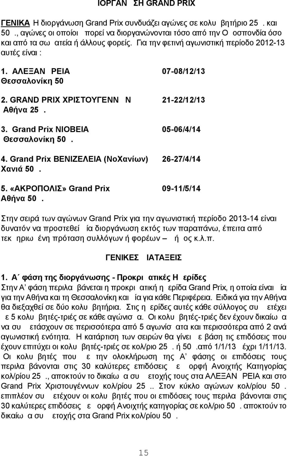 ΑΛΕΞΑΝΔΡΕΙΑ 07-08/12/13 Θεσσαλονίκη 50μ 2. GRAND PRIX ΧΡΙΣΤΟΥΓΕΝΝΩΝ 21-22/12/13 Αθήνα 25μ. 3. Grand Prix ΝΙΟΒΕΙΑ 05-06/4/14 Θεσσαλονίκη 50μ. 4. Grand Prix ΒΕΝΙΖΕΛΕΙΑ (ΝοΧανίων) 26-27/4/14 Χανιά 50μ.