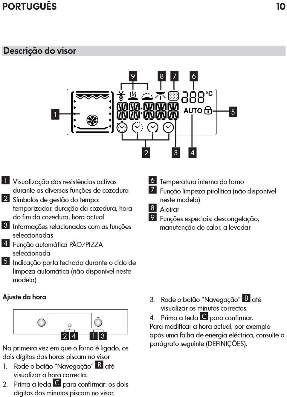 (não disponível neste modelo) Ajuste da hora 2 4 1 3 Na primeira vez em que o forno é ligado, os dois dígitos das horas piscam no visor 1. Rode o botão Navegação B até visualizar a hora correcta. 2. Prima a tecla C para confirmar; os dois dígitos dos minutos piscam no visor.