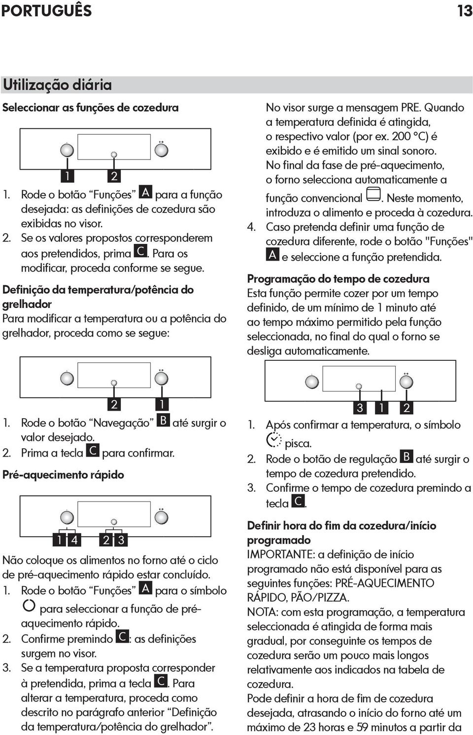 Definição da temperatura/potência do grelhador Para modificar a temperatura ou a potência do grelhador, proceda como se segue: No visor surge a mensagem PRE.