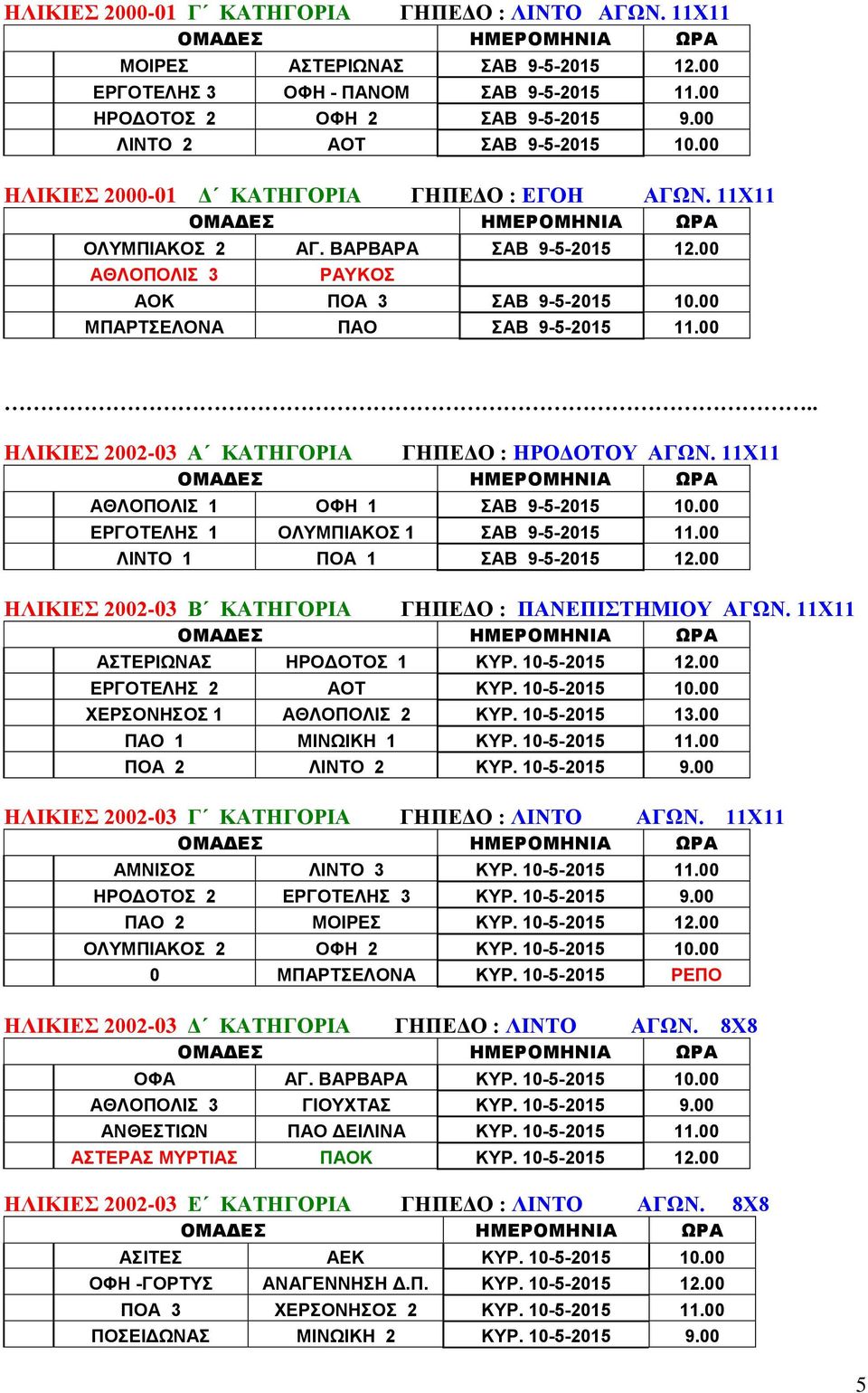 00 ΜΠΑΡΤΣΕΛΟΝΑ ΠΑΟ ΣΑΒ 9-5-2015 11.00.. ΗΛΙΚΙΕΣ 2002-03 Α ΚΑΤΗΓΟΡΙΑ ΓΗΠΕΔΟ : ΗΡΟΔΟΤΟΥ ΑΓΩΝ. 11Χ11 ΗΜΕΡΟΜΗΝΙΑ ΩΡΑ ΑΘΛΟΠΟΛΙΣ 1 ΟΦΗ 1 ΣΑΒ 9-5-2015 10.00 ΕΡΓΟΤΕΛΗΣ 1 ΟΛΥΜΠΙΑΚΟΣ 1 ΣΑΒ 9-5-2015 11.