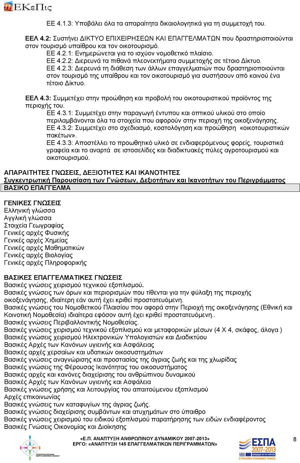 ΕΕΛ 4.3: Συμμετέχει στην προώθηση και προβολή του οικοτουριστικού προϊόντος της περιοχής του. ΕΕ 4.3.1: Συμμετέχει στην παραγωγή έντυπου και οπτικού υλικού στο οποίο περιλαμβάνονται όλα τα στοιχεία που αφορούν στην περιοχή της οικοξενάγησης.