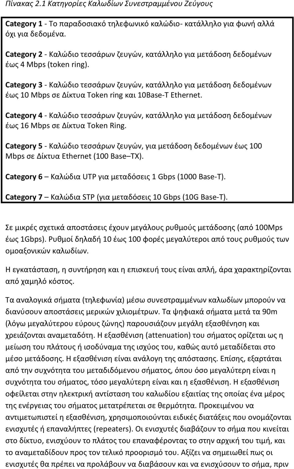 Category 3 - Καλώδιο τεσσάρων ζευγών, κατάλληλο για μετάδοση δεδομένων έως 10 Mbps σε Δίκτυα Token ring και 10Base-T Ethernet.