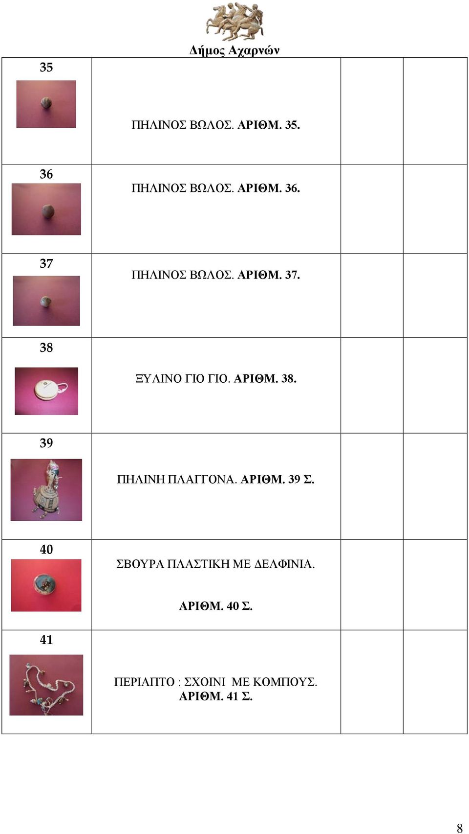 ΑΡΙΘΜ. 39 Σ. 40 ΣΒΟΥΡΑ ΠΛΑΣΤΙΚΗ ΜΕ ΔΕΛΦΙΝΙΑ. ΑΡΙΘΜ. 40 Σ. 41 ΠΕΡΙΑΠΤΟ : ΣΧΟΙΝΙ ΜΕ ΚΟΜΠΟΥΣ.