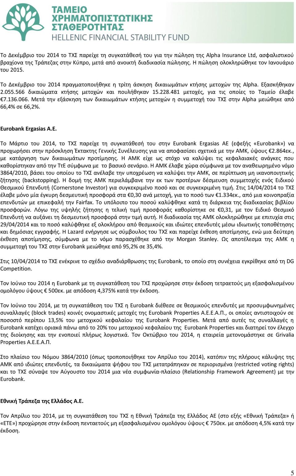 566 δικαιώματα κτήσης μετοχών και πουλήθηκαν 15.228.481 μετοχές, για τις οποίες το Ταμείο έλαβε 7.136.066.