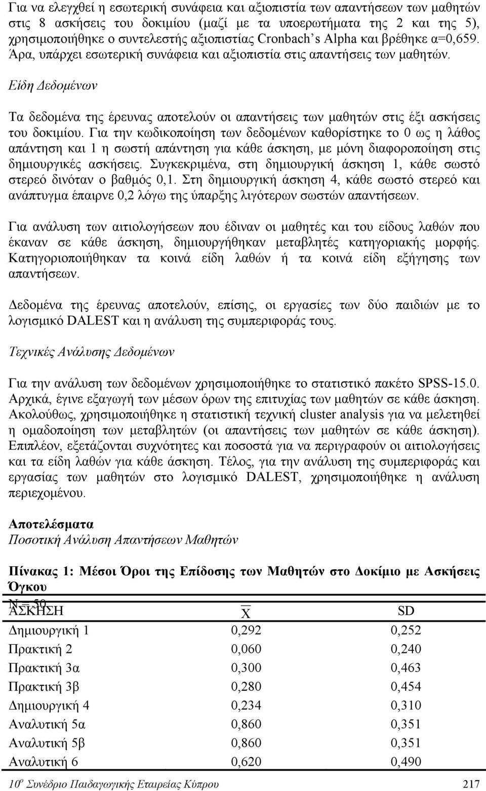 Είδη Δεδομένων Τα δεδομένα της έρευνας αποτελούν οι απαντήσεις των μαθητών στις έξι ασκήσεις του δοκιμίου.