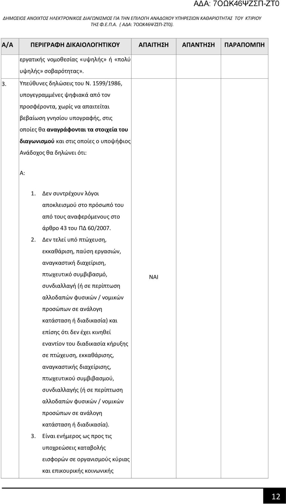 δηλώνει ότι: Α: 1. Δεν συντρέχουν λόγοι αποκλεισμού στο πρόσωπό του από τους αναφερόμενους στο άρθρο 43 του ΠΔ 60/2007. 2.