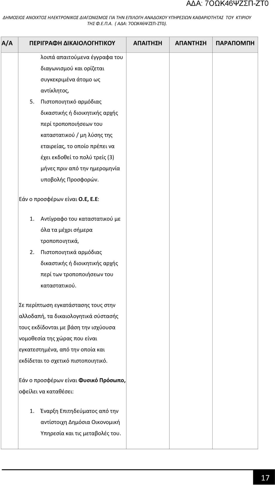 υποβολής Προσφορών. Εάν ο προσφέρων είναι Ο.Ε, Ε.Ε: 1. Αντίγραφο του καταστατικού με όλα τα μέχρι σήμερα τροποποιητικά, 2.