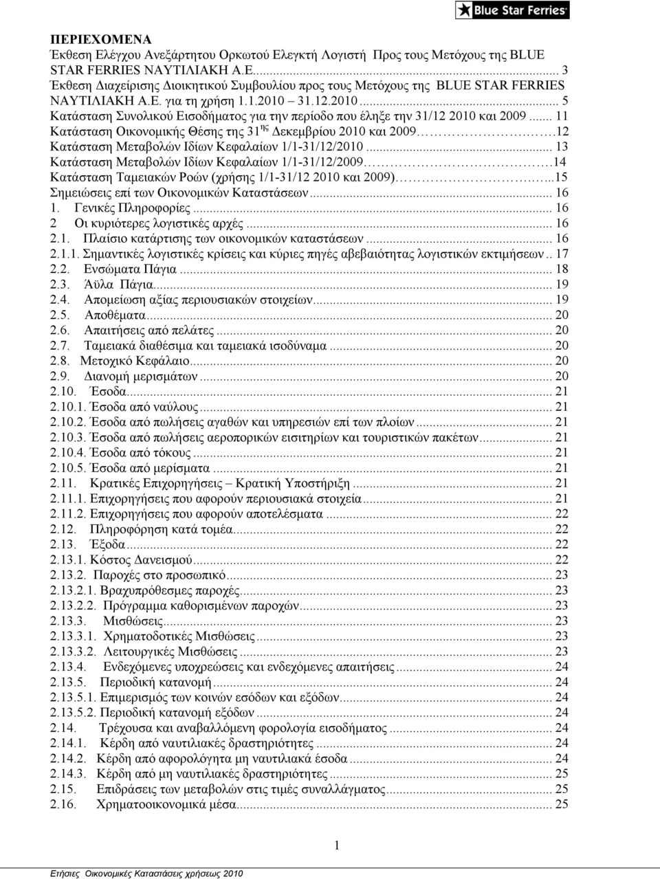 .12 Κατάσταση Μεταβολών Ιδίων Κεφαλαίων 1/1-31/12/2010... 13 Κατάσταση Μεταβολών Ιδίων Κεφαλαίων 1/1-31/12/2009.14 Κατάσταση Ταμειακών Ροών (χρήσης 1/1-31/12 2010 και 2009).