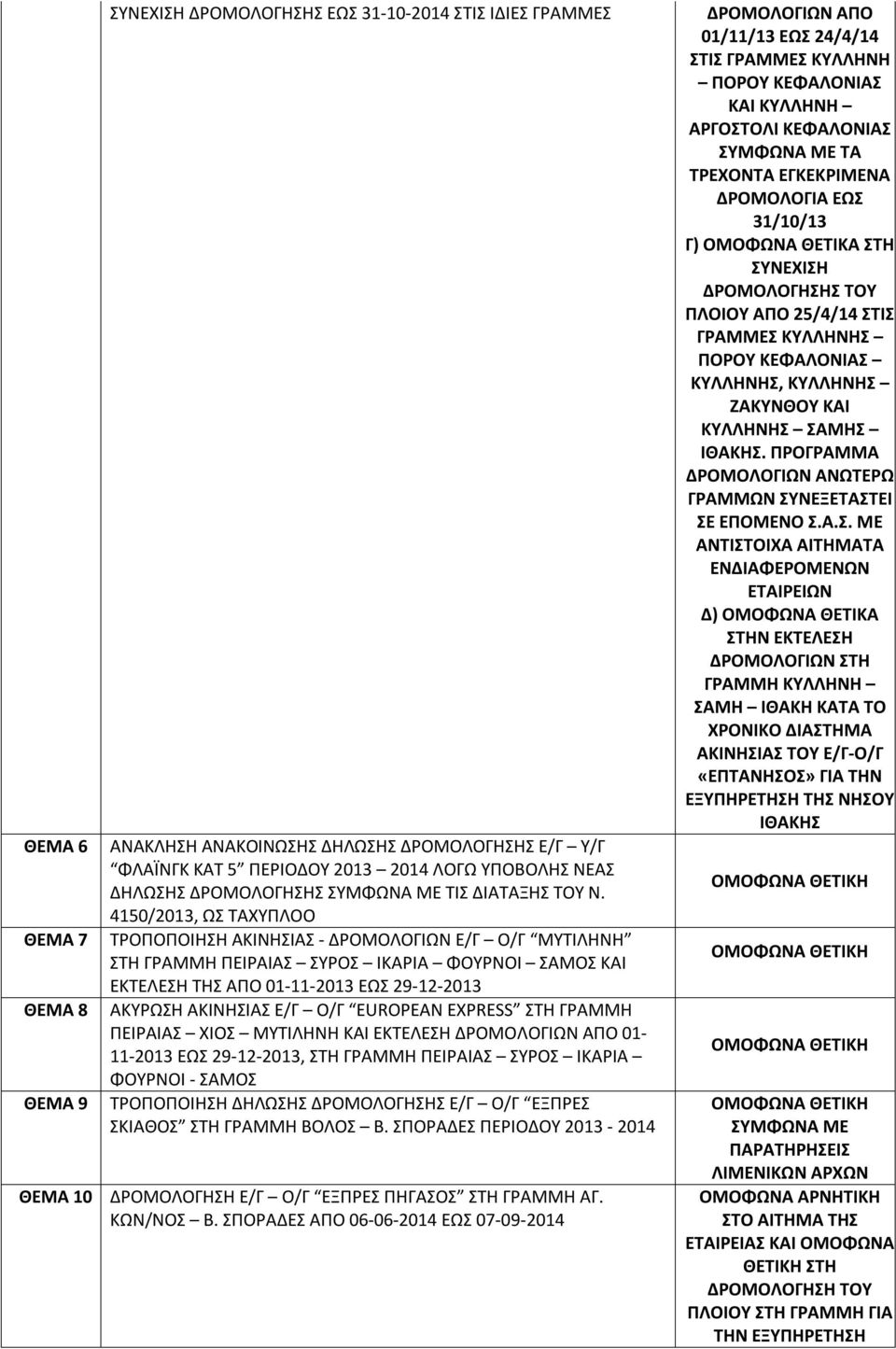 4150/2013, ΩΣ ΤΑΧΥΠΛΟΟ ΤΡΟΠΟΠΟΙΗΣΗ ΑΚΙΝΗΣΙΑΣ - ΔΡΟΜΟΛΟΓΙΩΝ Ε/Γ Ο/Γ ΜΥΤΙΛΗΝΗ ΣΤΗ ΓΡΑΜΜΗ ΠΕΙΡΑΙΑΣ ΣΥΡΟΣ ΙΚΑΡΙΑ ΦΟΥΡΝΟΙ ΣΑΜΟΣ ΚΑΙ ΕΚΤΕΛΕΣΗ ΤΗΣ ΑΠΟ 01-11-2013 ΕΩΣ 29-12-2013 ΑΚΥΡΩΣΗ ΑΚΙΝΗΣΙΑΣ Ε/Γ Ο/Γ