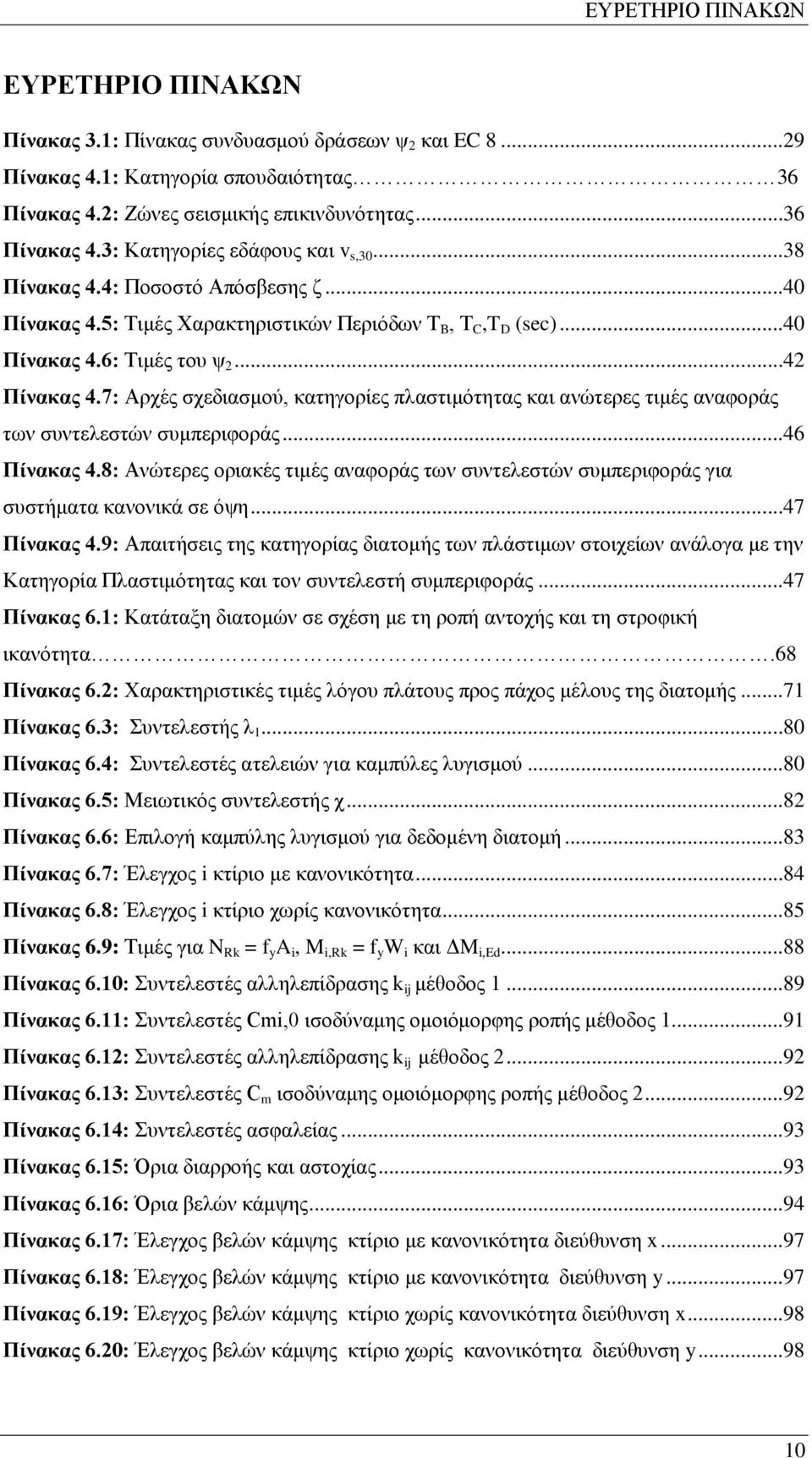 7: Αρχές σχεδιασμού, κατηγορίες πλαστιμότητας και ανώτερες τιμές αναφοράς των συντελεστών συμπεριφοράς...46 Πίνακας 4.