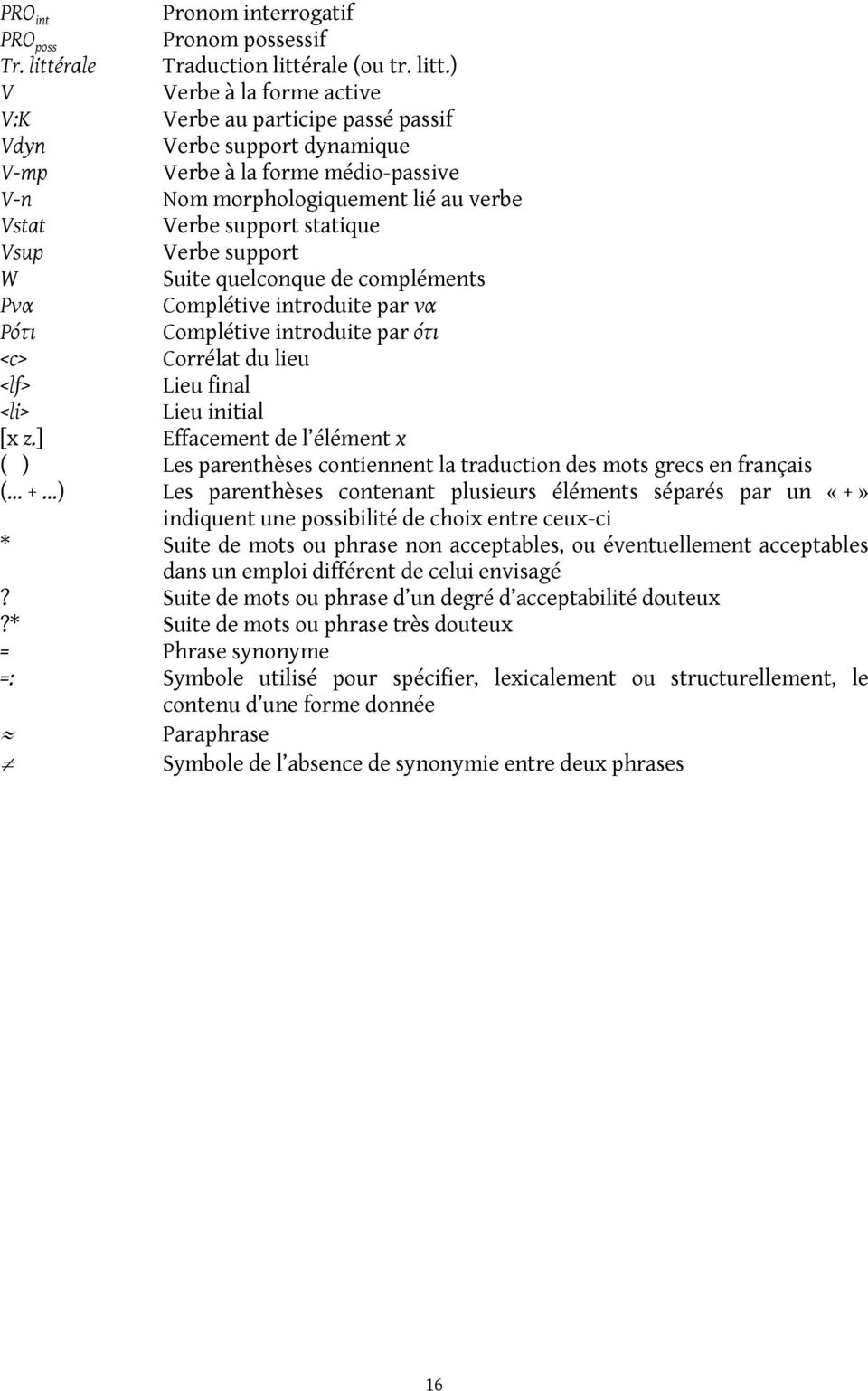 ) V Verbe à la forme active V:K Verbe au participe passé passif Vdyn Verbe support dynamique V-mp Verbe à la forme médio-passive V-n Nom morphologiquement lié au verbe Vstat Verbe support statique