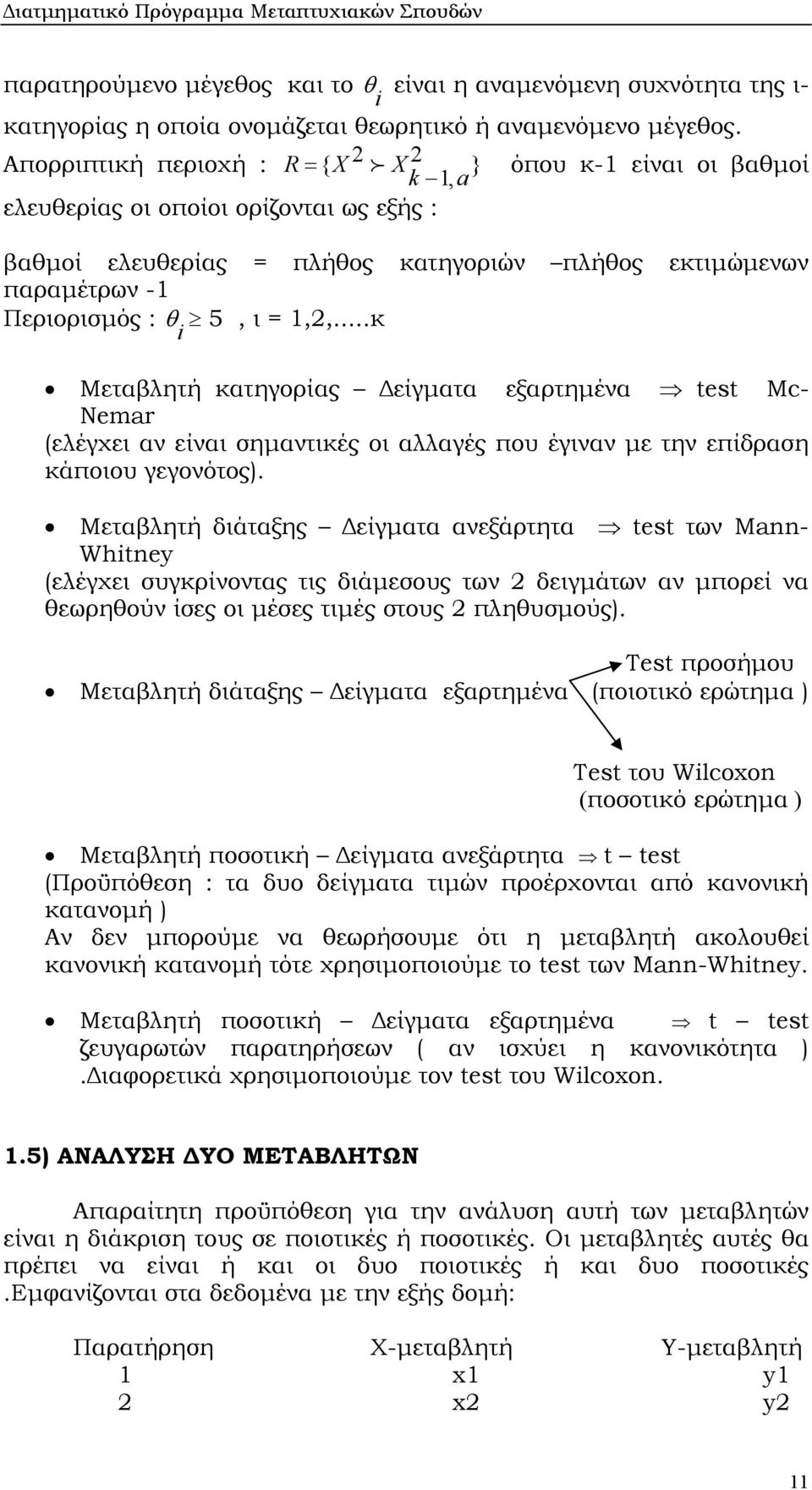 ..κ i Μεταβλητή κατηγορίας είγµατα εξαρτηµένα test Mc- Nemar (ελέγχει αν είναι σηµαντικές οι αλλαγές που έγιναν µε την επίδραση κάποιου γεγονότος).