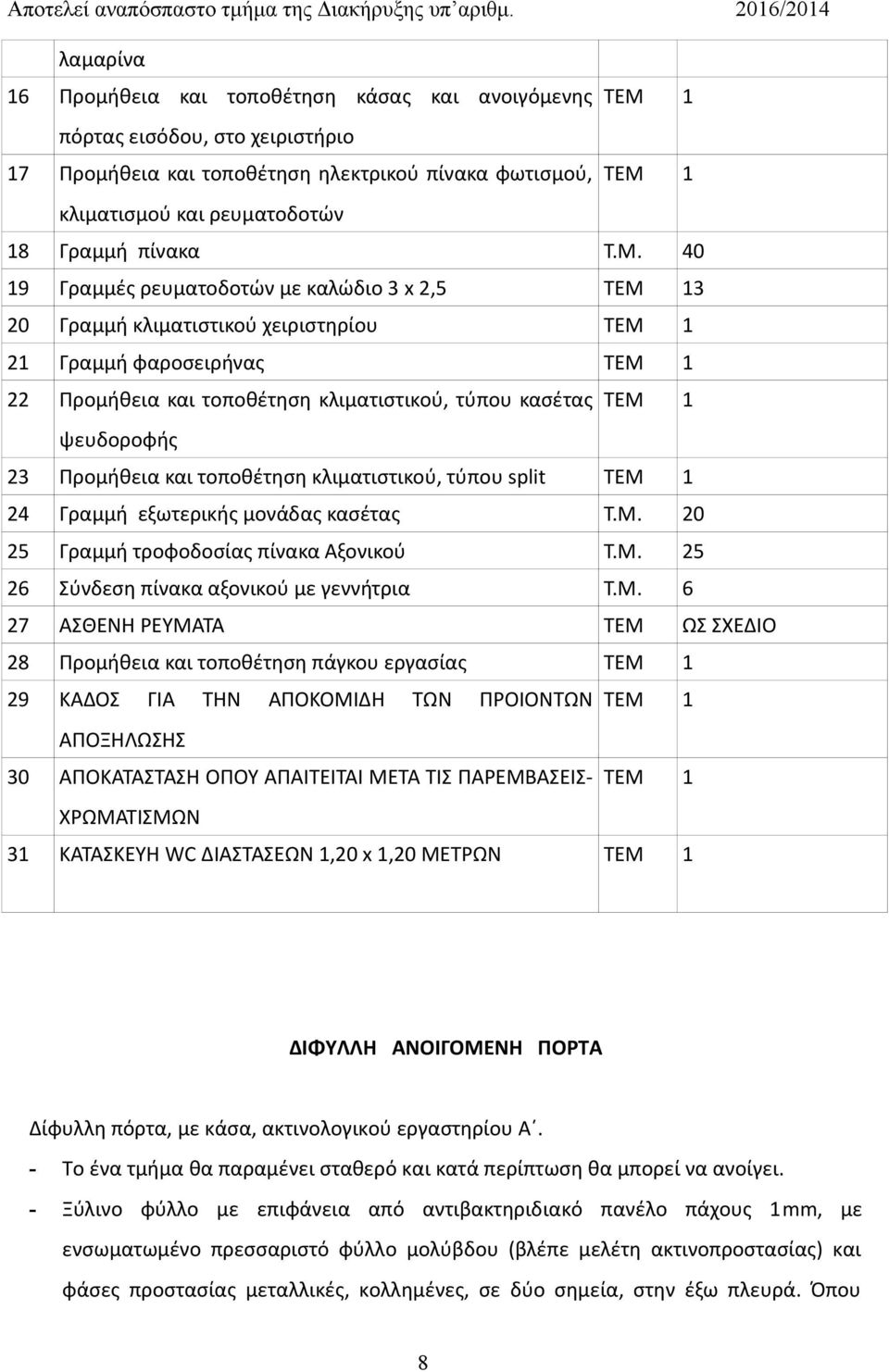 40 19 Γραμμές ρευματοδοτών με καλώδιο 3 x 2,5 ΤΕΜ 13 20 Γραμμή κλιματιστικού χειριστηρίου ΤΕΜ 1 21 Γραμμή φαροσειρήνας ΤΕΜ 1 22 Προμήθεια και τοποθέτηση κλιματιστικού, τύπου κασέτας ΤΕΜ 1 ψευδοροφής