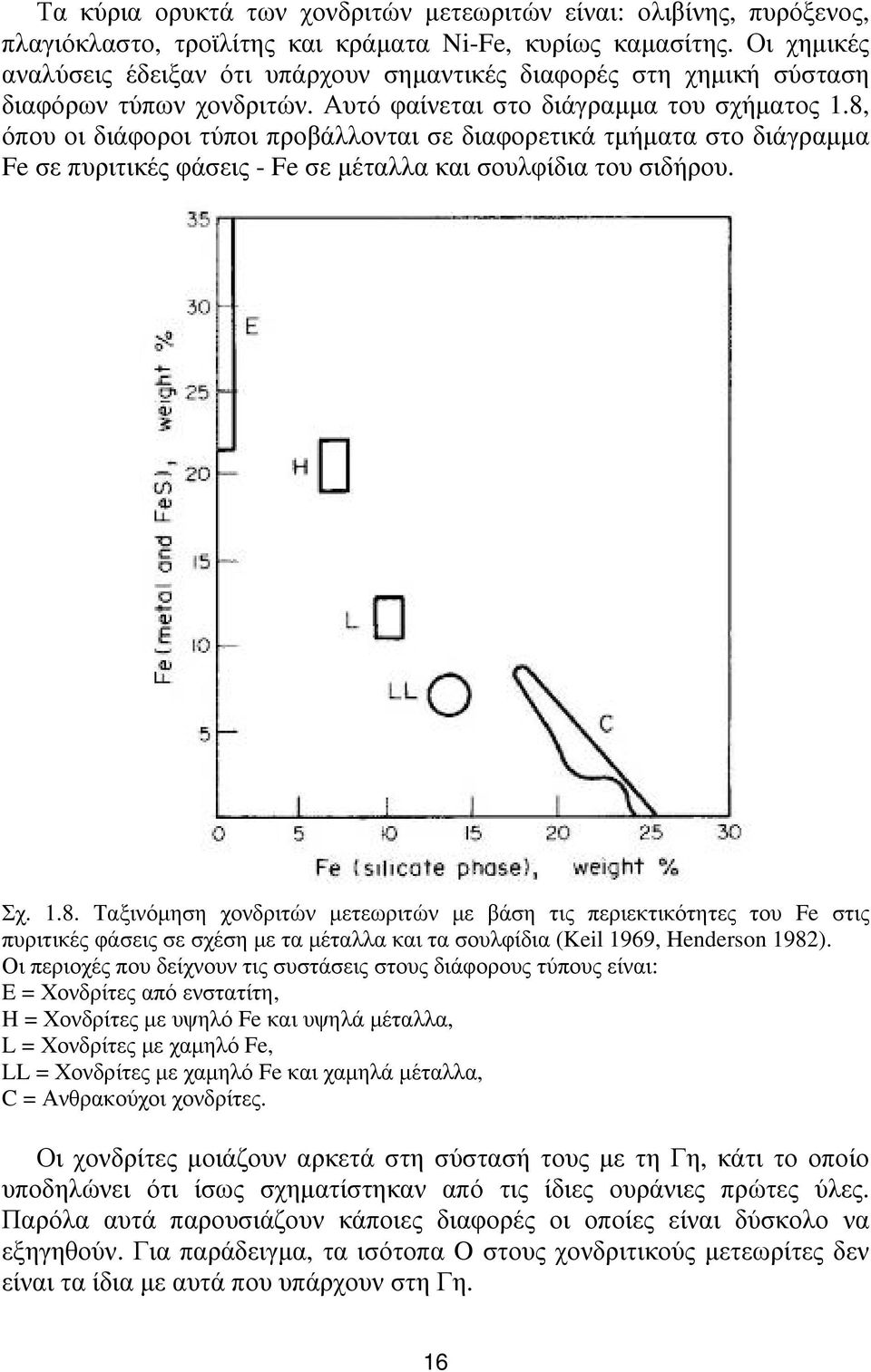 8, όπου οι διάφοροι τύποι προβάλλονται σε διαφορετικά τμήματα στο διάγραμμα Fe σε πυριτικές φάσεις - Fe σε μέταλλα και σουλφίδια του σιδήρου. Σχ. 1.8. Ταξινόμηση χονδριτών μετεωριτών με βάση τις περιεκτικότητες του Fe στις πυριτικές φάσεις σε σχέση με τα μέταλλα και τα σουλφίδια (Keil 1969, Henderson 1982).