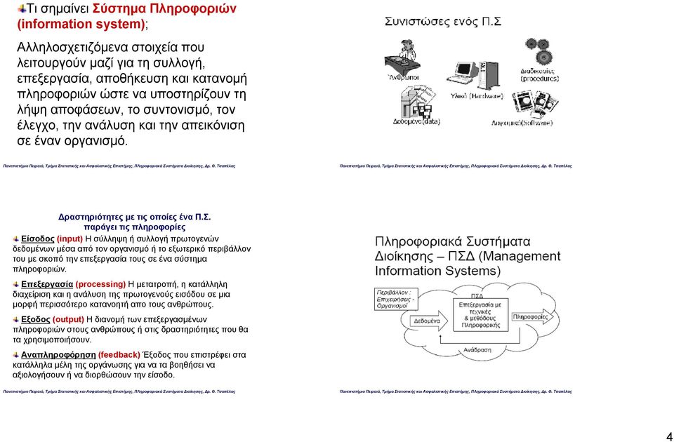 παράγει τις πληροφορίες Είσοδος (input) Ησύλληψη ήσυλλογή πρωτογενών δεδομένων μέσα από τον οργανισμό ήτο εξωτερικό περιβάλλον του με σκοπό την επεξεργασία τους σε ένα σύστημα πληροφοριών.