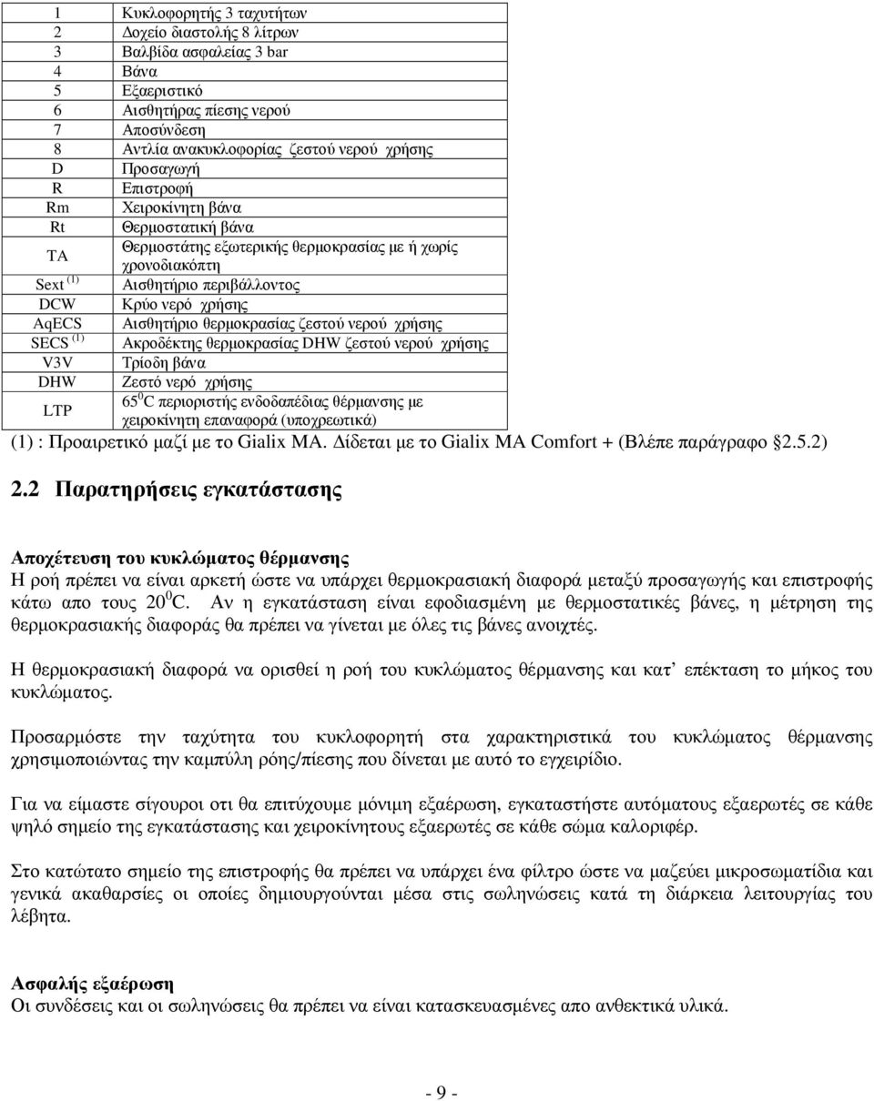 ζεστού νερού χρήσης SECS (1) Ακροδέκτης θερµοκρασίας DHW ζεστού νερού χρήσης V3V Τρίοδη βάνα DHW Ζεστό νερό χρήσης 65 0 C περιοριστής ενδοδαπέδιας θέρµανσης µε LTP χειροκίνητη επαναφορά (υποχρεωτικά)