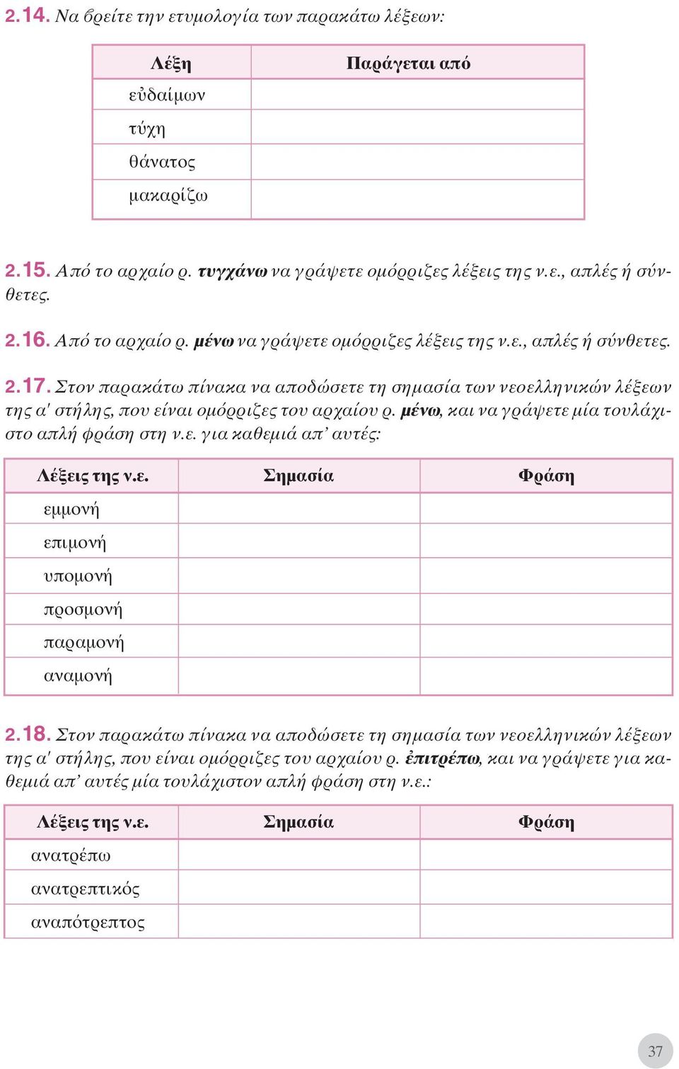 μένω, και να γράψετε μία τουλάχιστο απλή φράση στη ν.ε. για καθεμιά απ αυτές: Λέξεις της ν.ε. Σημασία Φράση εμμονή επιμονή υπομονή προσμονή παραμονή αναμονή 2.18.