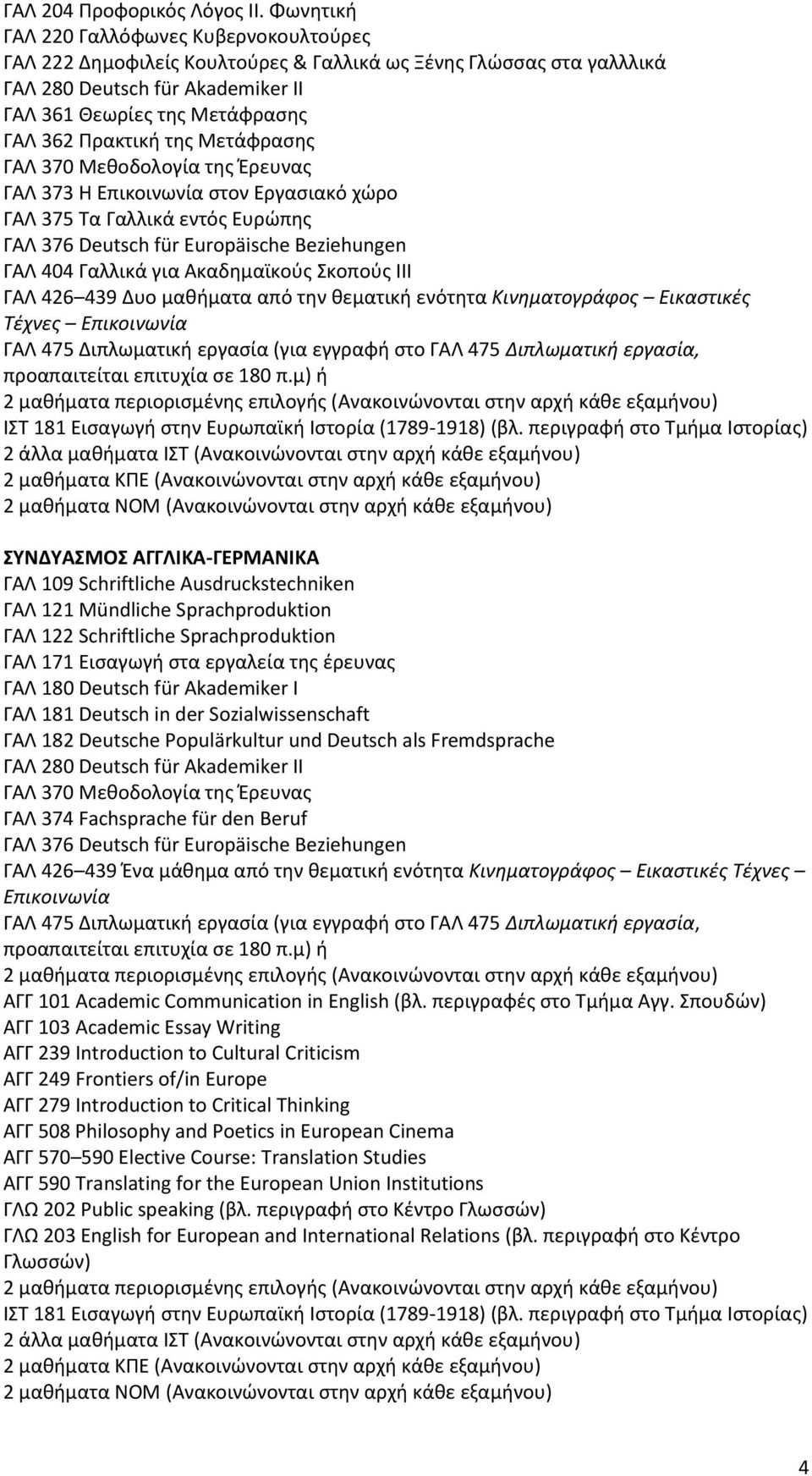 της Μετάφρασης ΓΑΛ 370 Μεθοδολογία της Έρευνας ΓΑΛ 373 Η Επικοινωνία στον Εργασιακό χώρο ΓΑΛ 375 Τα Γαλλικά εντός Ευρώπης ΓΑΛ 376 Deutsch für Europäische Beziehungen ΓΑΛ 404 Γαλλικά για Ακαδημαϊκούς